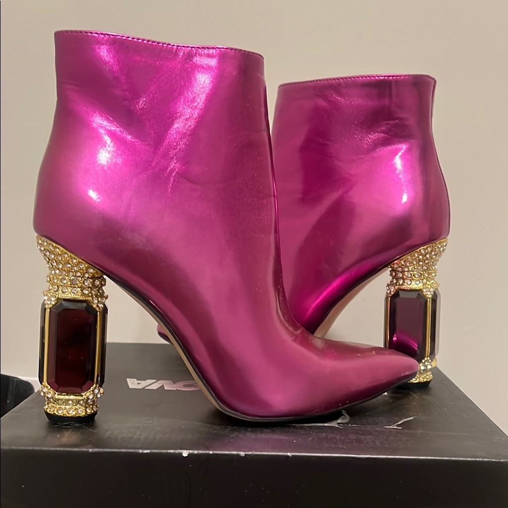 Elegant Pink Ankle Boots With Embellished Heels
